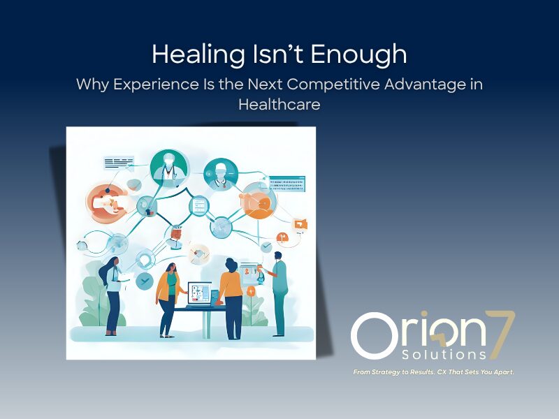 Illustration showing healthcare professionals and patients connected through digital tools, symbolizing how Intelligent Experience Management links care, technology, and empathy.